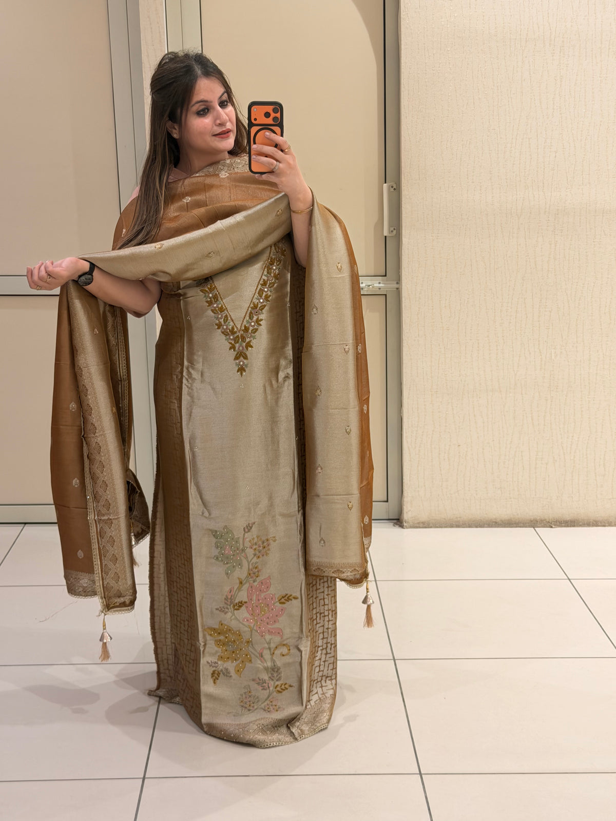 Beige & Bronze Unstitched Silk Embroidered Suit (Premium Collection)