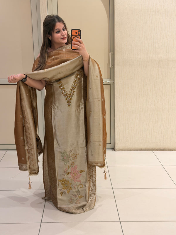 Beige & Bronze Unstitched Silk Embroidered Suit (Premium Collection)