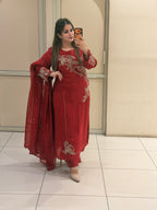 Red Crepe Embroidered Suit Set (M–XXL)
