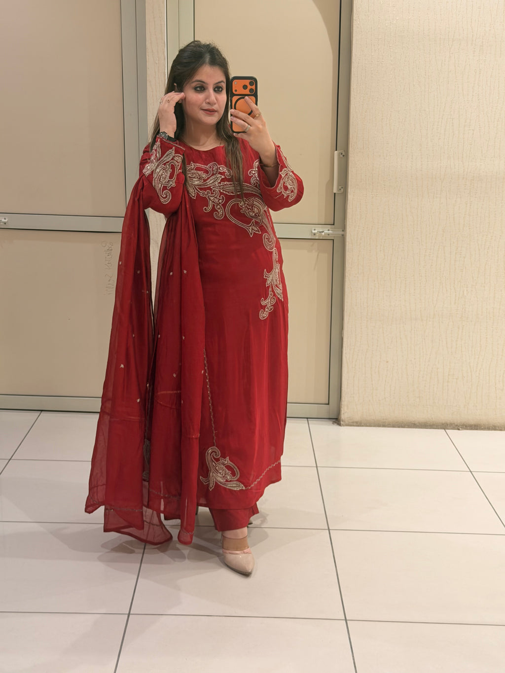Red Crepe Embroidered Suit Set (M–XXL)