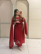 Red Crepe Embroidered Suit Set (M–XXL)
