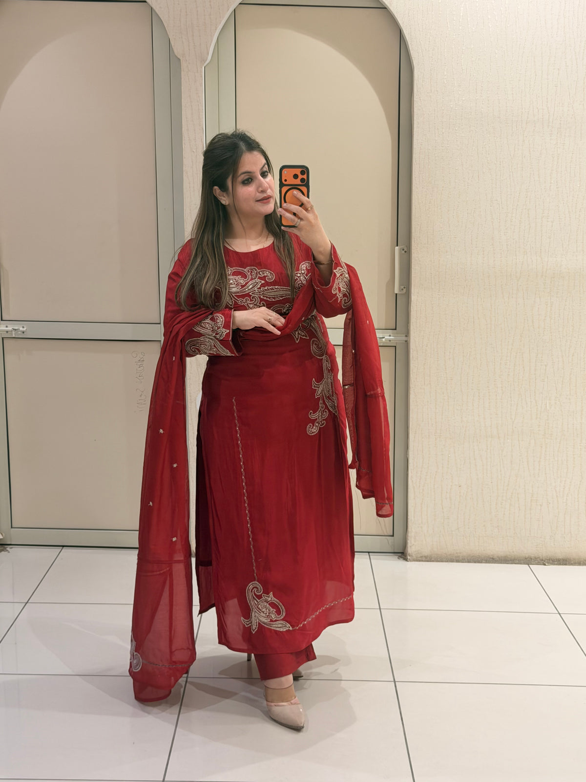 Red Crepe Embroidered Suit Set (M–XXL)