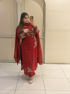 Red Crepe Embroidered Suit Set (M–XXL)