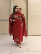 Red Crepe Embroidered Suit Set (M–XXL)