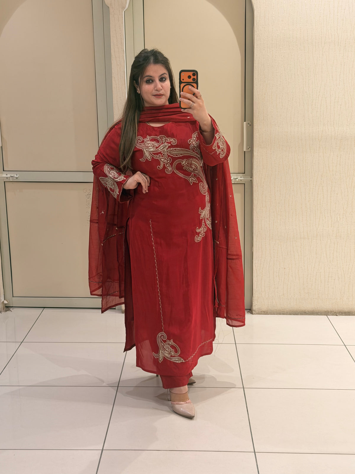 Red Crepe Embroidered Suit Set (M–XXL)