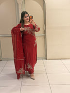 Red Crepe Embroidered Suit Set (M–XXL)