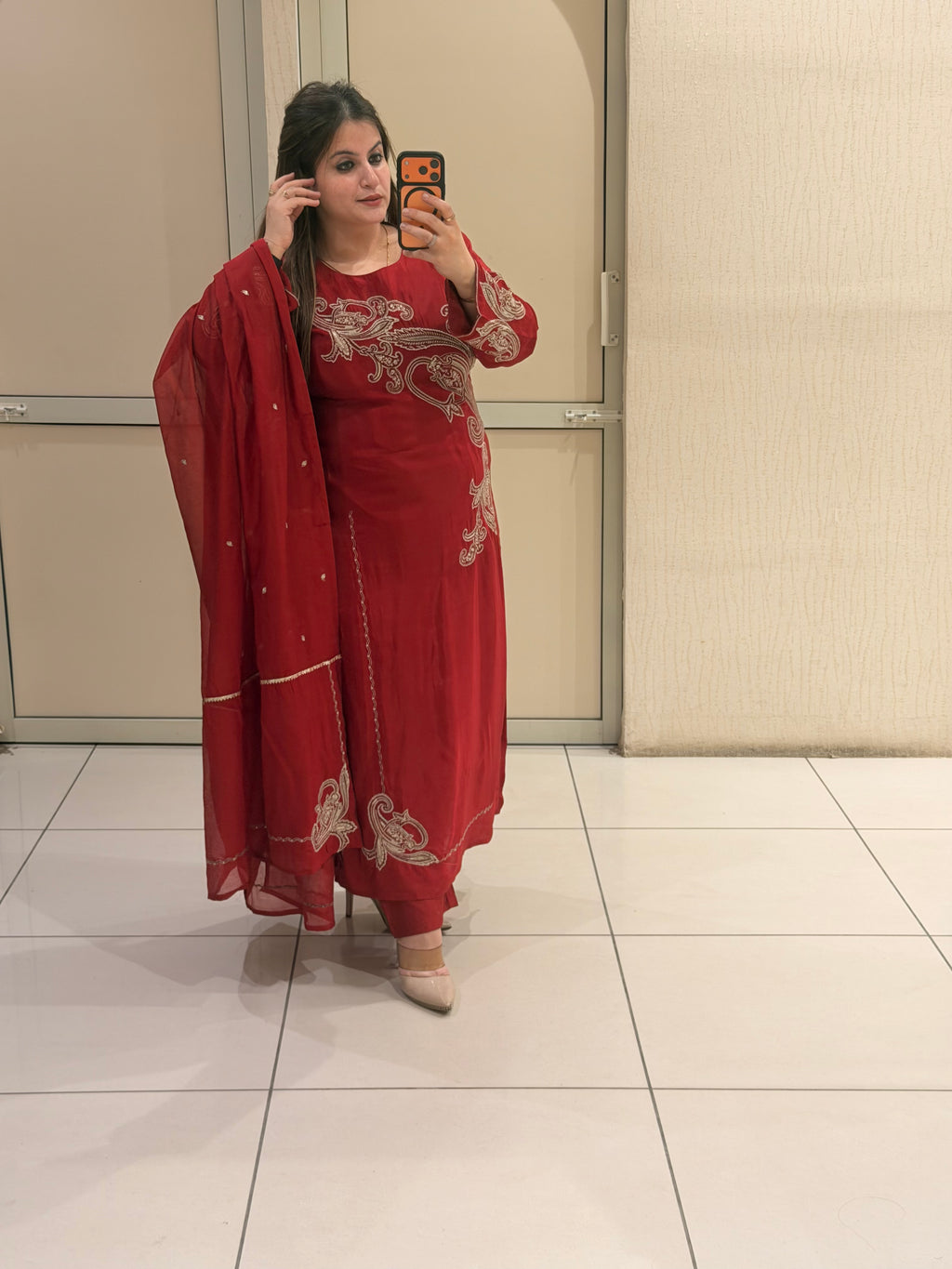 Red Crepe Embroidered Suit Set (M–XXL)