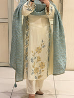 Cream & Blue Crepe Embroidered Suit Set (L–3XL)