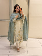 Cream & Blue Crepe Embroidered Suit Set (L–3XL)
