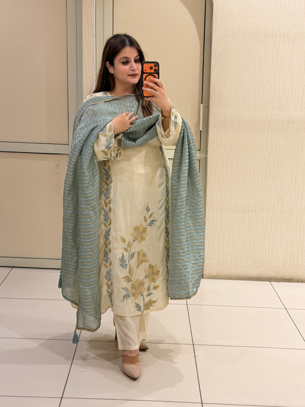 Cream & Blue Crepe Embroidered Suit Set (L–3XL)
