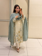 Cream & Blue Crepe Embroidered Suit Set (L–3XL)