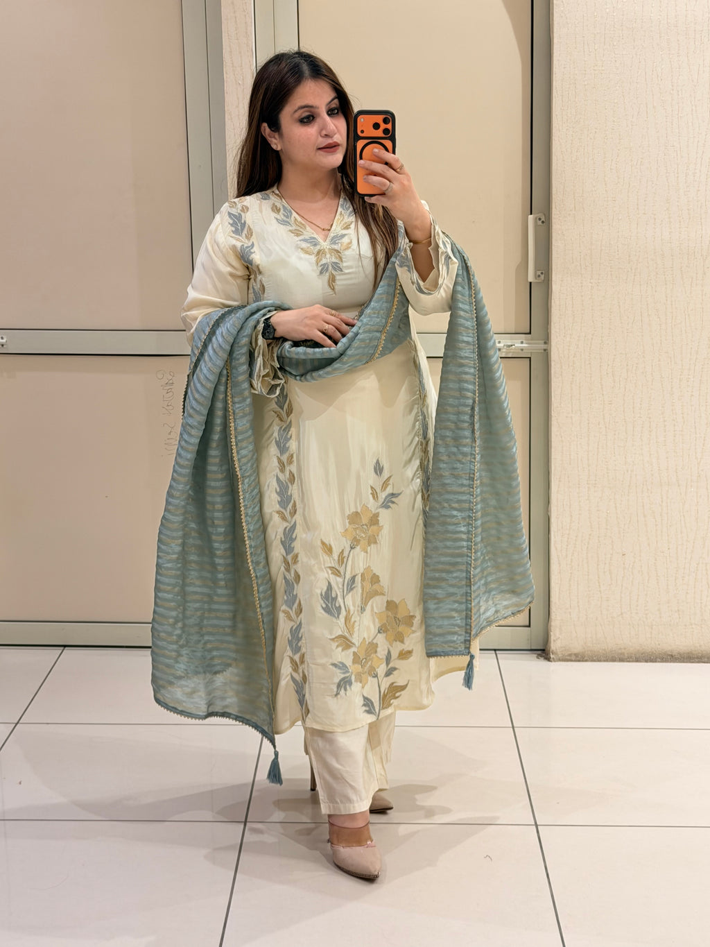 Cream & Blue Crepe Embroidered Suit Set (L–3XL)