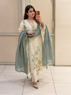 Cream & Blue Crepe Embroidered Suit Set (L–3XL)