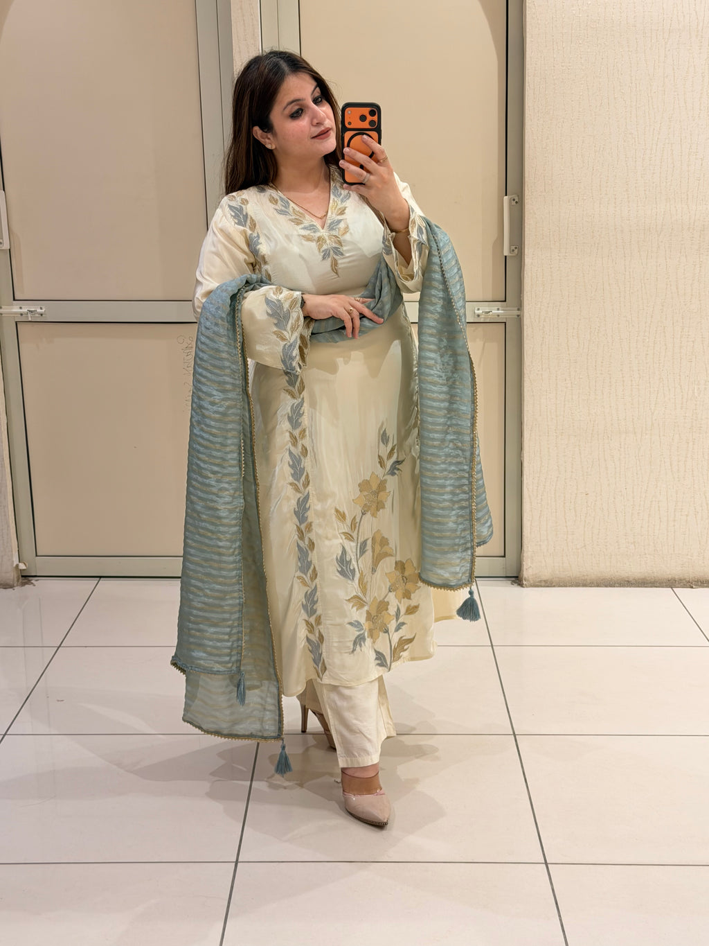 Cream & Blue Crepe Embroidered Suit Set (L–3XL)