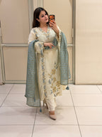 Cream & Blue Crepe Embroidered Suit Set (L–3XL)