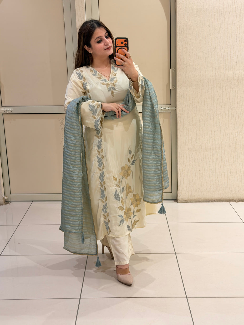 Cream & Blue Crepe Embroidered Suit Set (L–3XL)