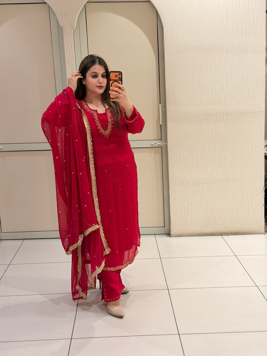 Red Chinon Embroidered Suit Set (M–XXL)