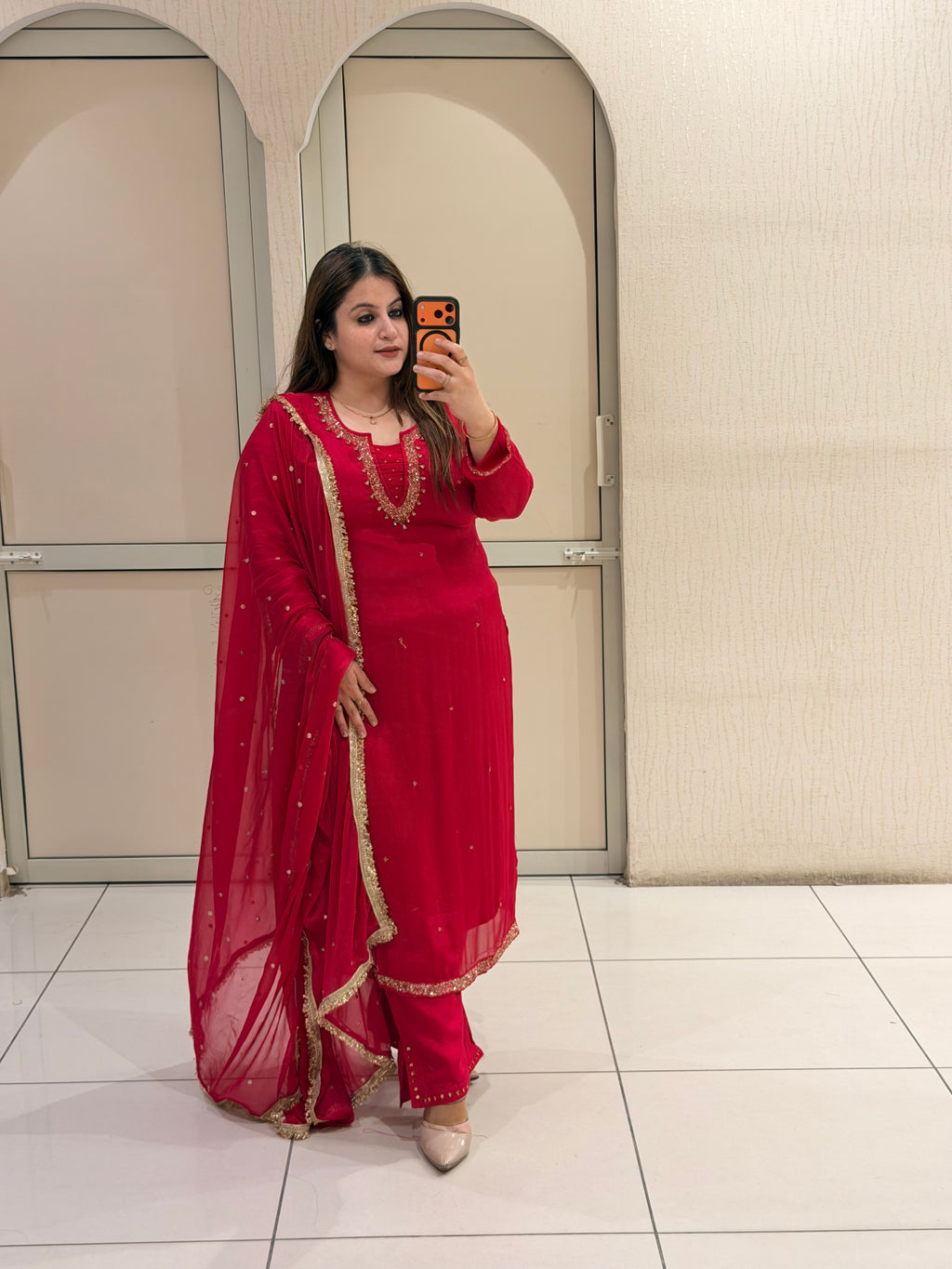 Red Chinon Embroidered Suit Set (M–XXL)