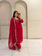 Red Chinon Embroidered Suit Set (M–XXL)