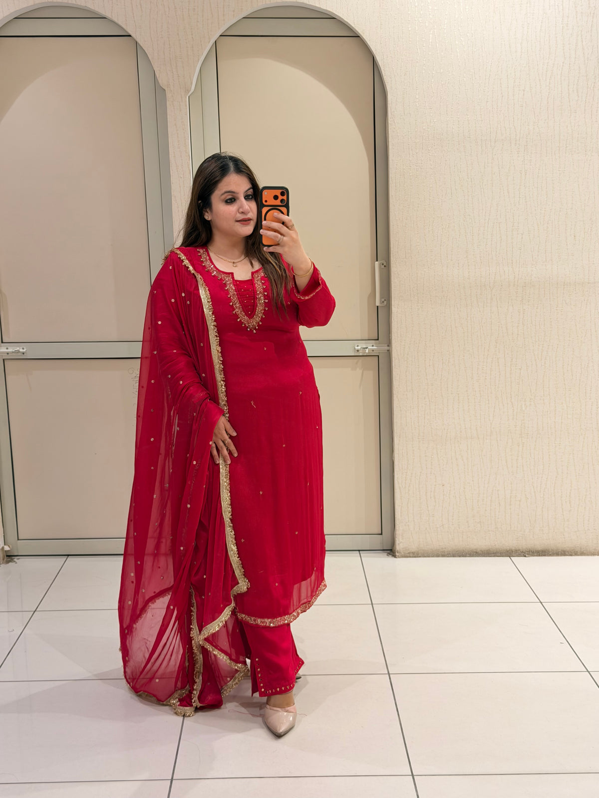 Red Chinon Embroidered Suit Set (M–XXL)