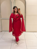 Red Chinon Embroidered Suit Set (M–XXL)