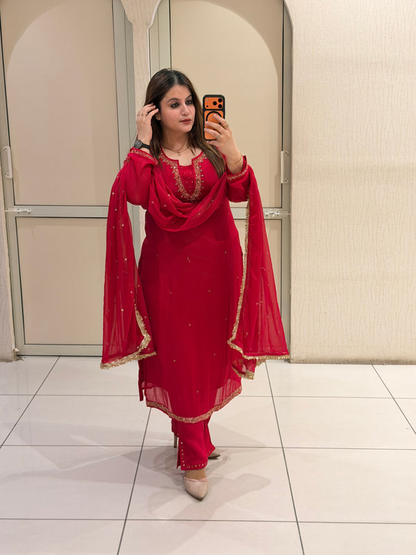 Red Chinon Embroidered Suit Set (M–XXL)