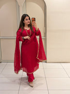 Red Chinon Embroidered Suit Set (M–XXL)