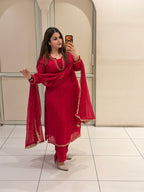 Red Chinon Embroidered Suit Set (M–XXL)