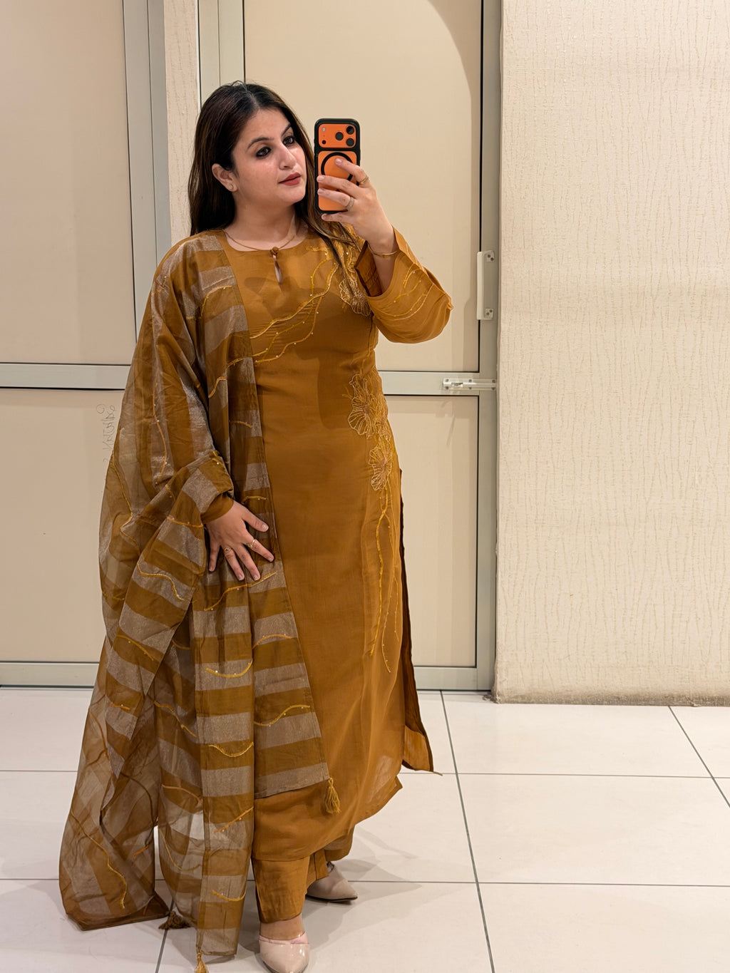 Mustard Embroidered Suit Set (M–3XL)