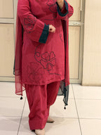 Pink Crepe Farsi Embroidered Suit (Free Size till XL)