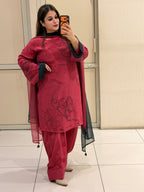 Pink Crepe Farsi Embroidered Suit (Free Size till XL)
