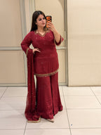 Maroon Chinon Embroidered Sharara Suit (M–XXL)