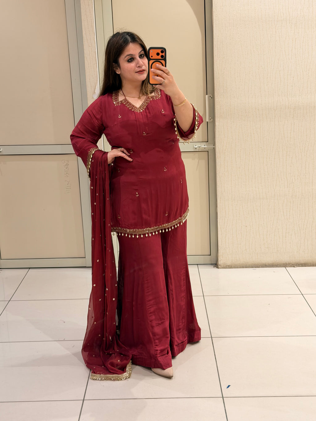 Maroon Chinon Embroidered Sharara Suit (M–XXL)