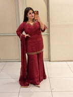 Maroon Chinon Embroidered Sharara Suit (M–XXL)