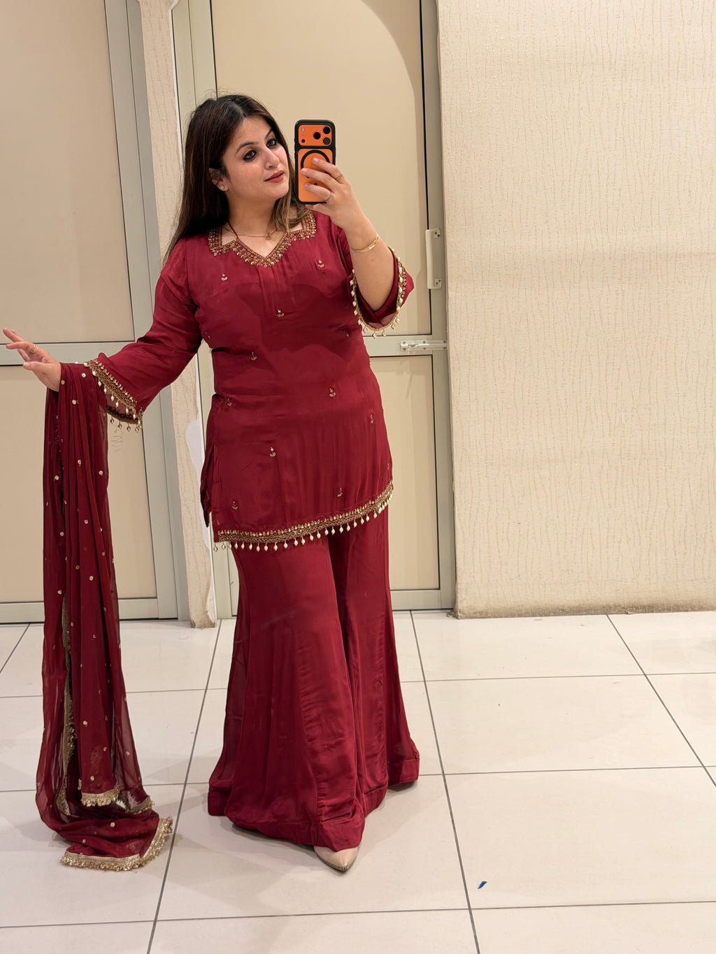 Maroon Chinon Embroidered Sharara Suit (M–XXL)