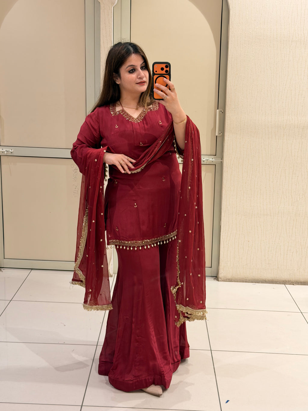 Maroon Chinon Embroidered Sharara Suit (M–XXL)