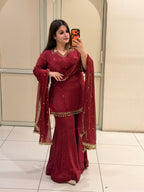 Maroon Chinon Embroidered Sharara Suit (M–XXL)
