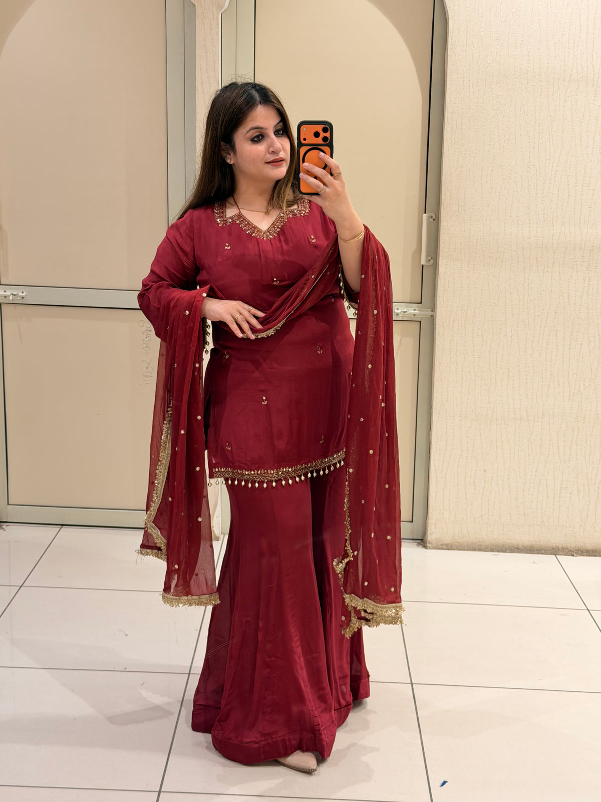 Maroon Chinon Embroidered Sharara Suit (M–XXL)