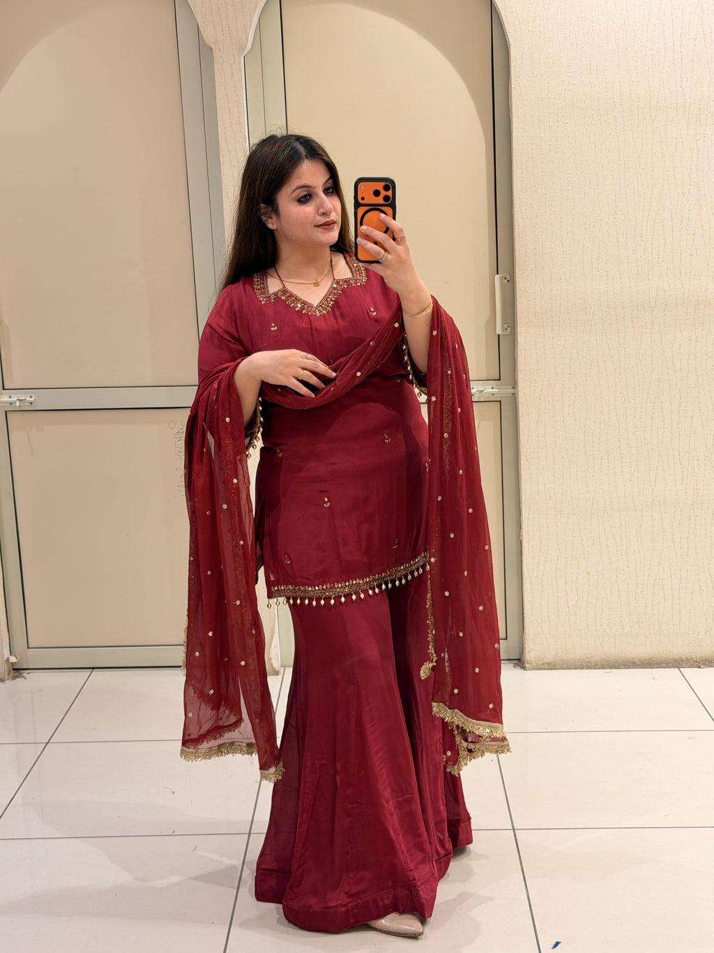 Maroon Chinon Embroidered Sharara Suit (M–XXL)