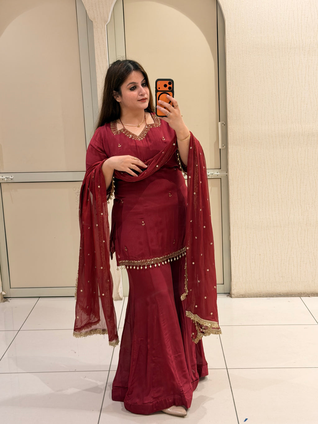 Maroon Chinon Embroidered Sharara Suit (M–XXL)
