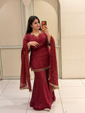 Maroon Chinon Embroidered Sharara Suit (M–XXL)