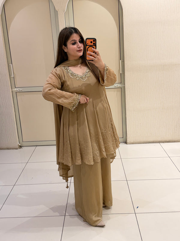 Beige Chinon Embroidered Suit Set (M–XXL)