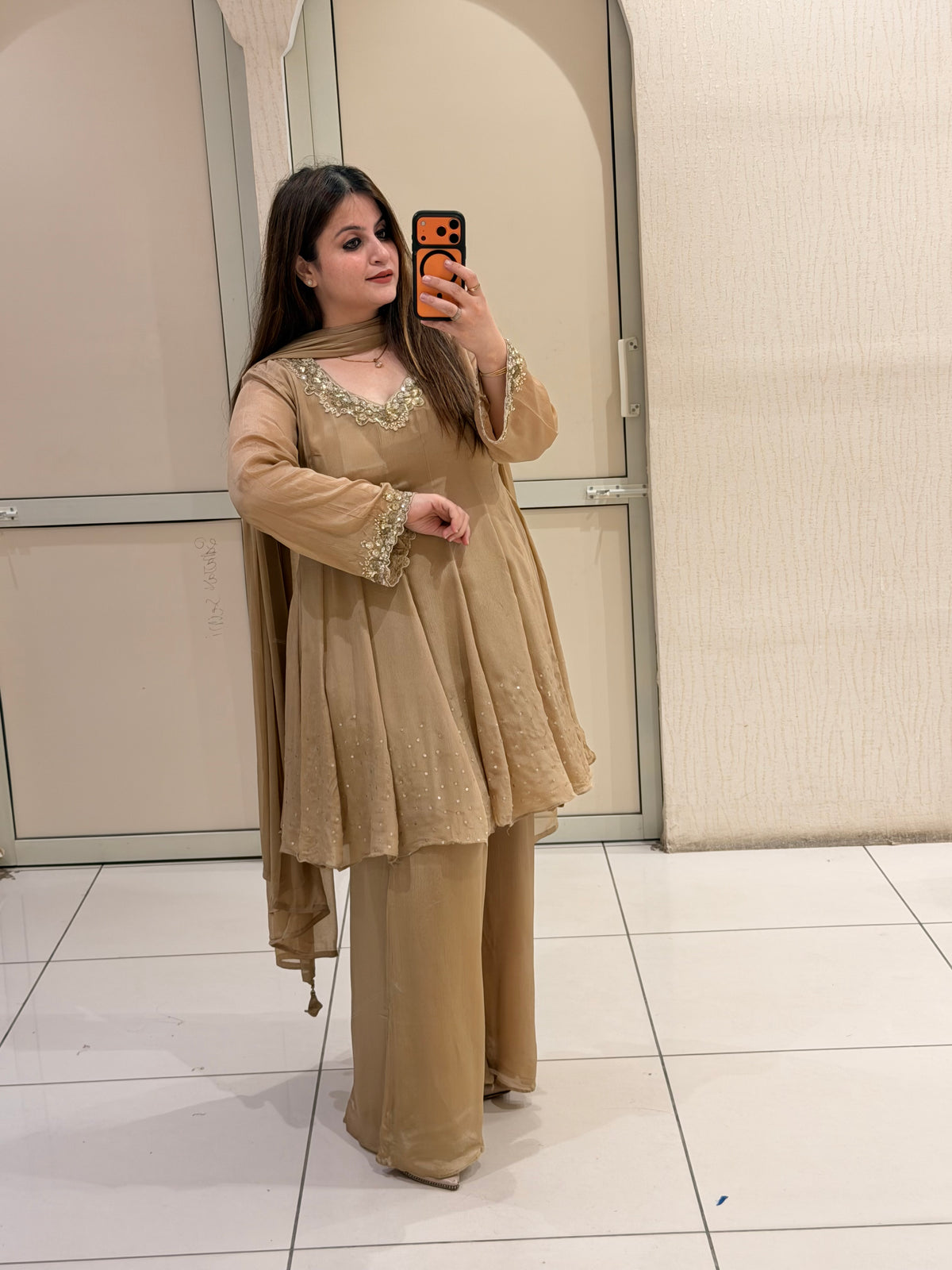 Beige Chinon Embroidered Suit Set (M–XXL)