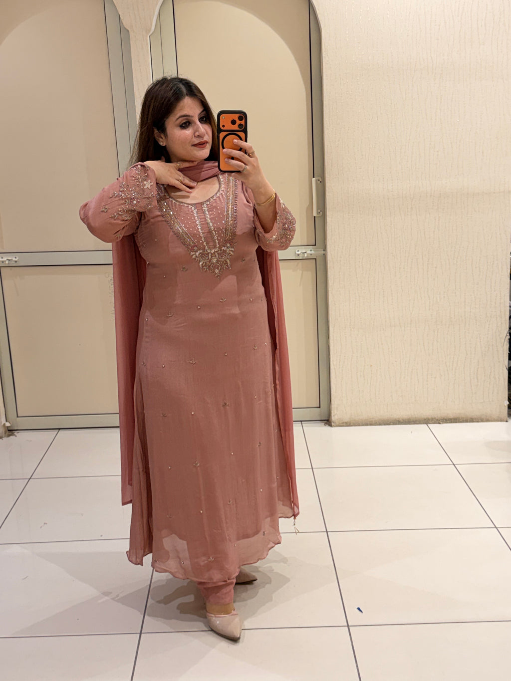 Blush Pink Chinon Embroidered Suit (L–XXL)