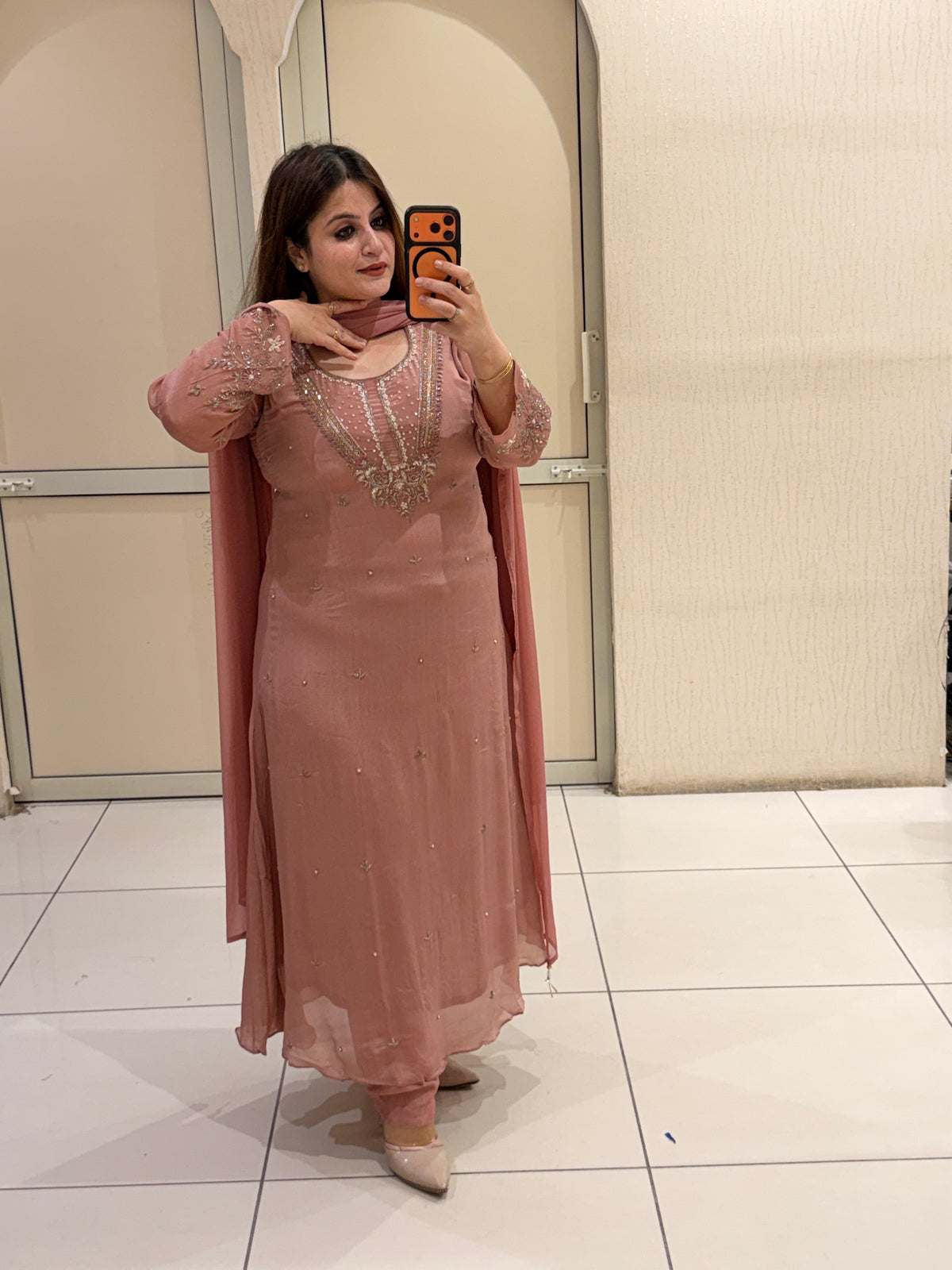 Blush Pink Chinon Embroidered Suit (L–XXL)