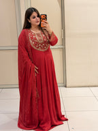 Red Chinon Embroidered Anarkali Suit (Free Size till XL)