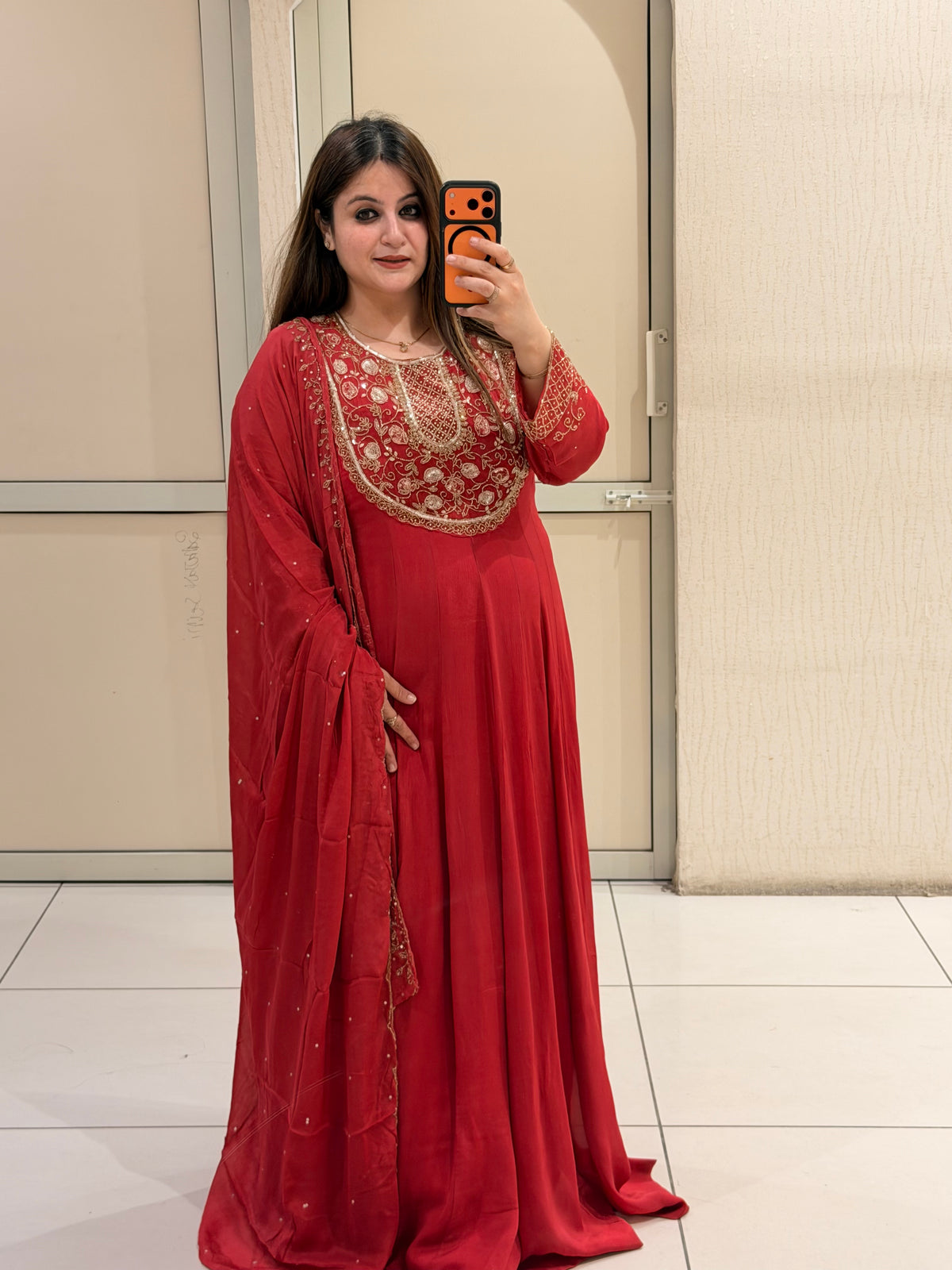 Red Chinon Embroidered Anarkali Suit (Free Size till XL)