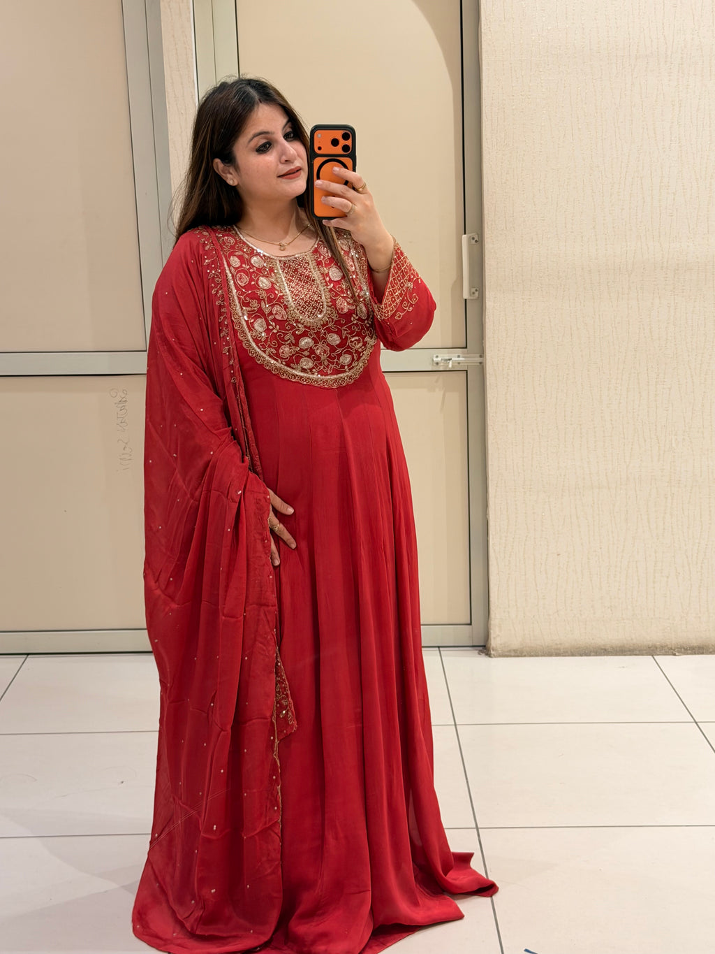 Red Chinon Embroidered Anarkali Suit (Free Size till XL)