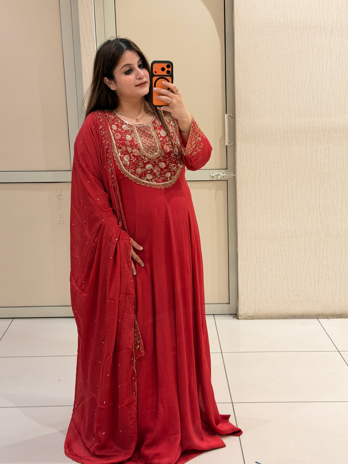 Red Chinon Embroidered Anarkali Suit (Free Size till XL)