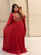 Red Chinon Embroidered Anarkali Suit (Free Size till XL)